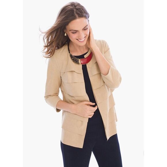 Travelers Collection By Chico's Womens Faux Suede Tiered Jacket Tan Size 2 Large - Picture 1 of 11